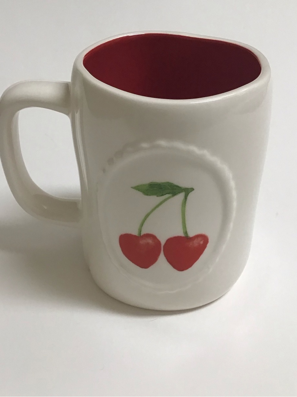 Rae Dunn Mon Cherry Coffee Mug BIG Ceramic Tea Cup Charming Cottage Artisan EUC